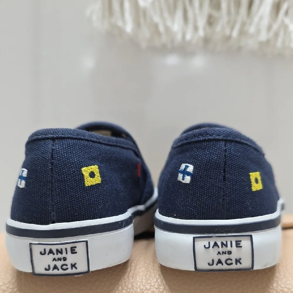 Janie and Jack Navy Slip-On Sneakers with Multicolor Embroidery